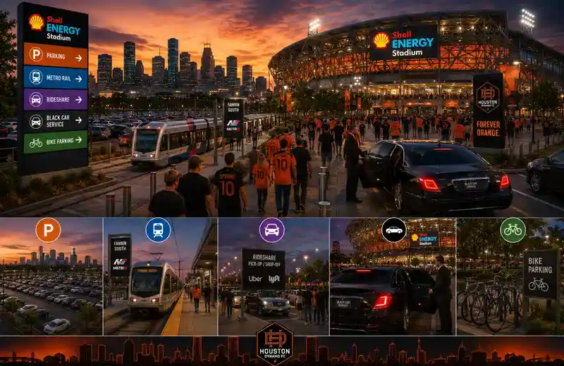 Fans arriving at Shell Energy Stadium in Houston using parking lots, metro rail, rideshare services, luxury black car transportation, and bike parking with the downtown Houston skyline visible at sunset.